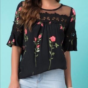 Milan Kiss black floral embroidered bell-sleeve